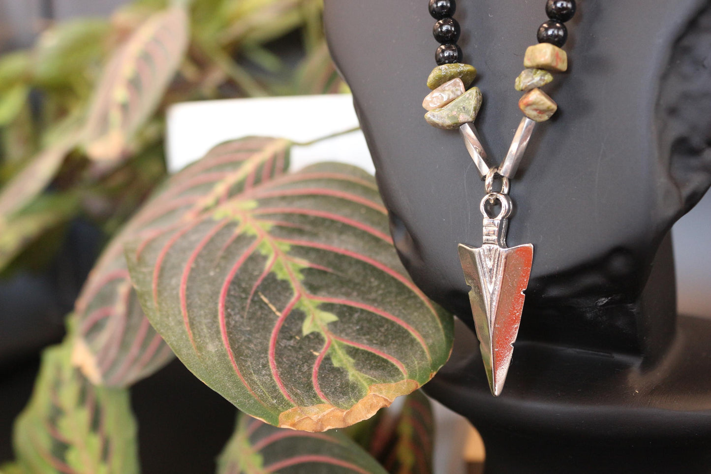 Handmade Necklace - Natural Unakite Stone and Braided Cord