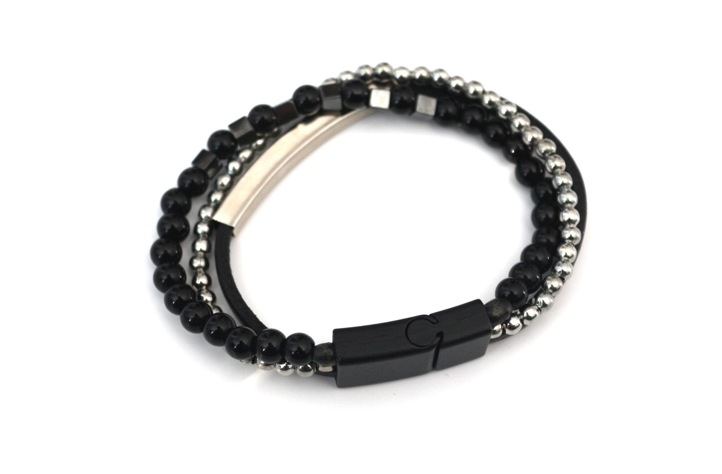 Handmade with Hematite, Black Onyx, Leather, and Metal