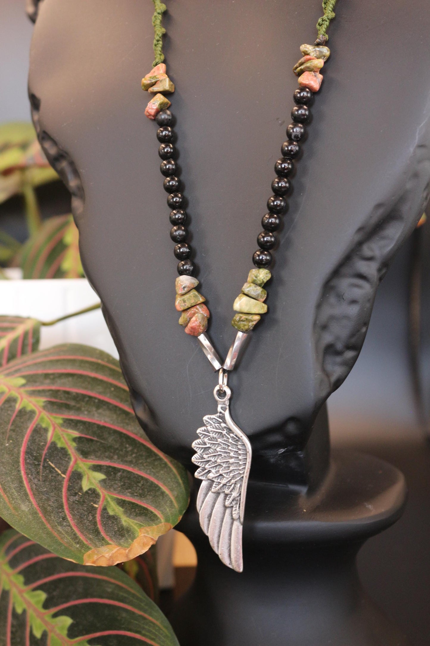 Unakite and Braided Cord Necklace - Handmade, Unique Design