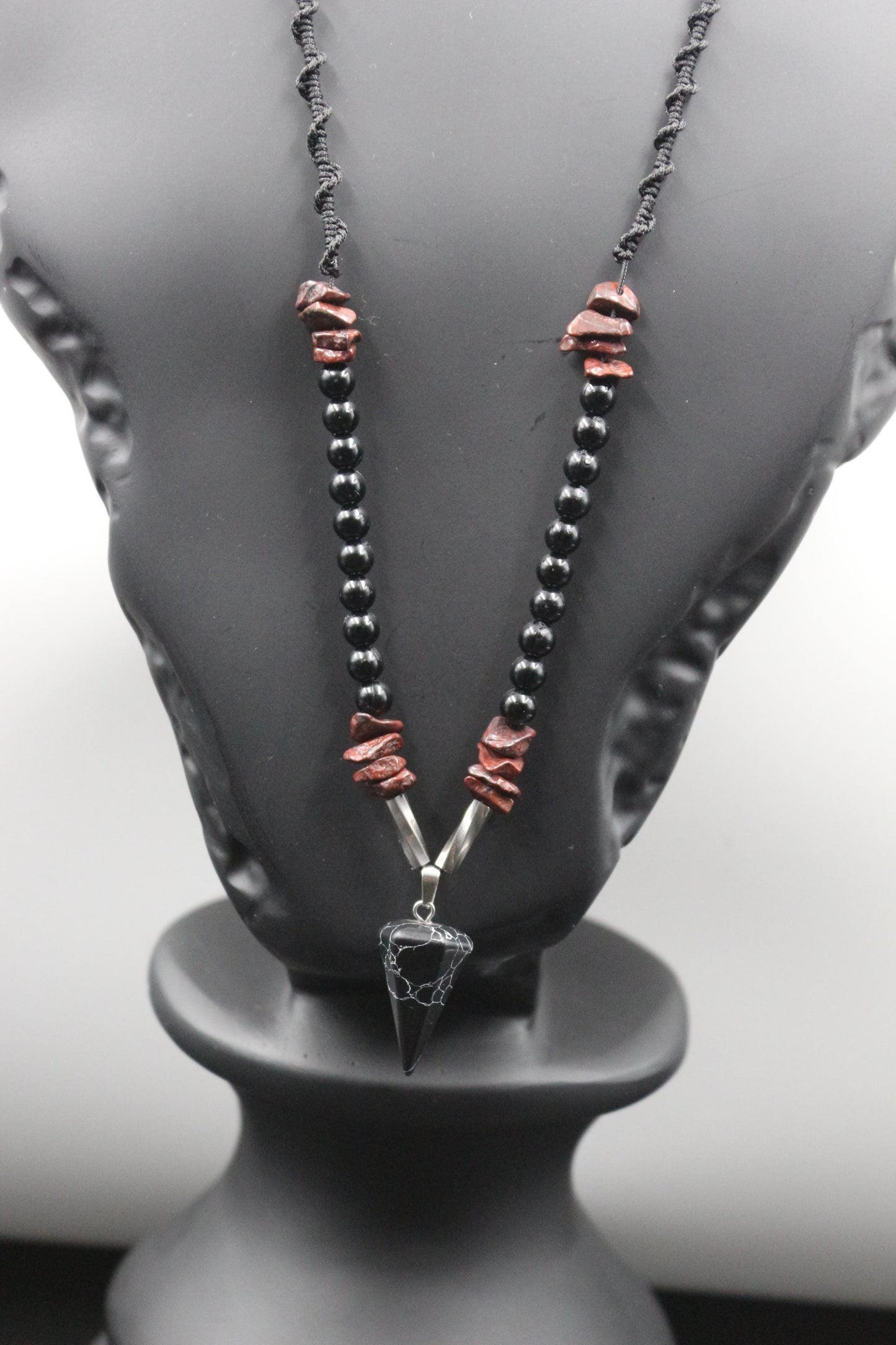 Handmade Obsidian and Red Garnet Necklace with Unique Design