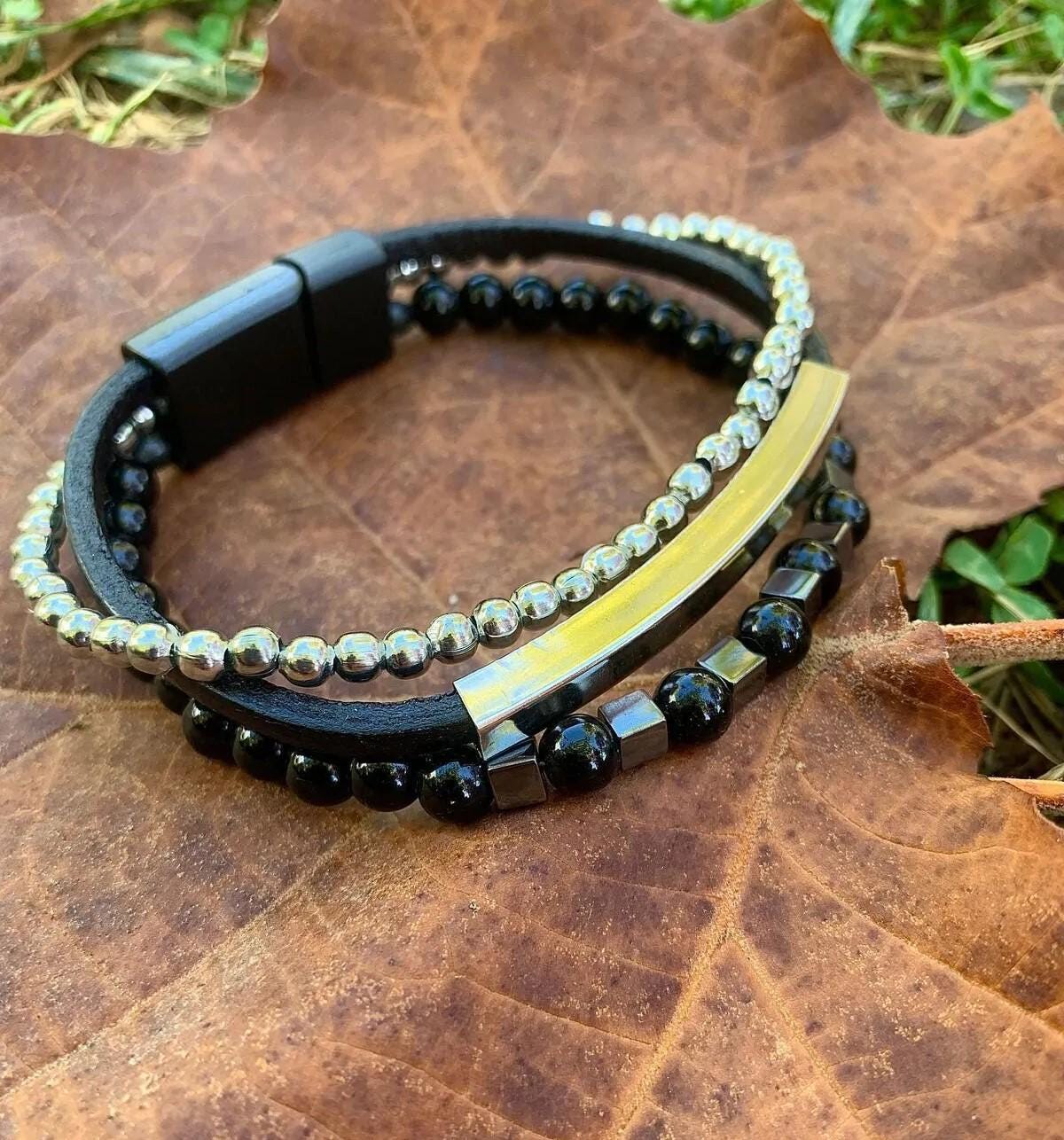 Handmade with Hematite, Black Onyx, Leather, and Metal
