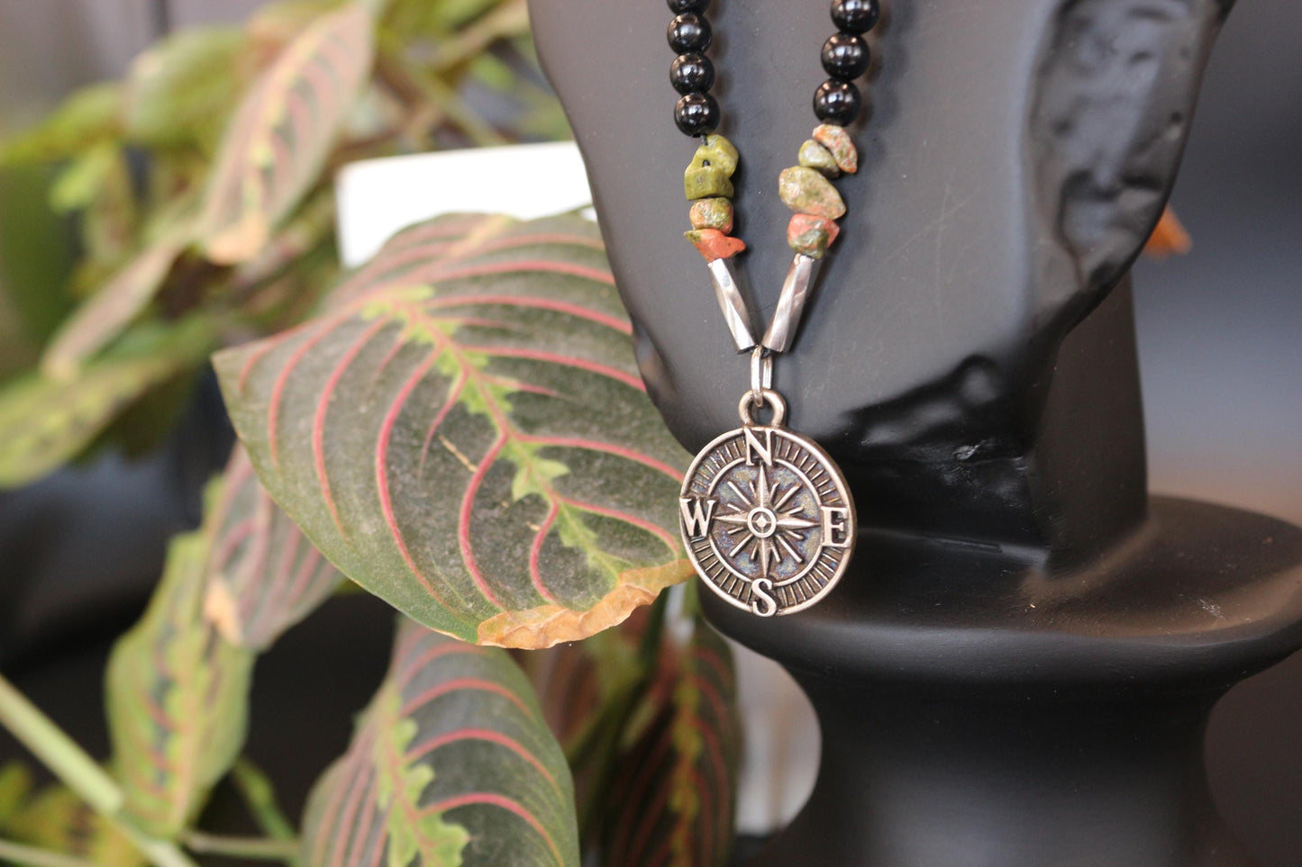 Handmade Unakite Hematite Necklace: Braided Cord Compass Pendant