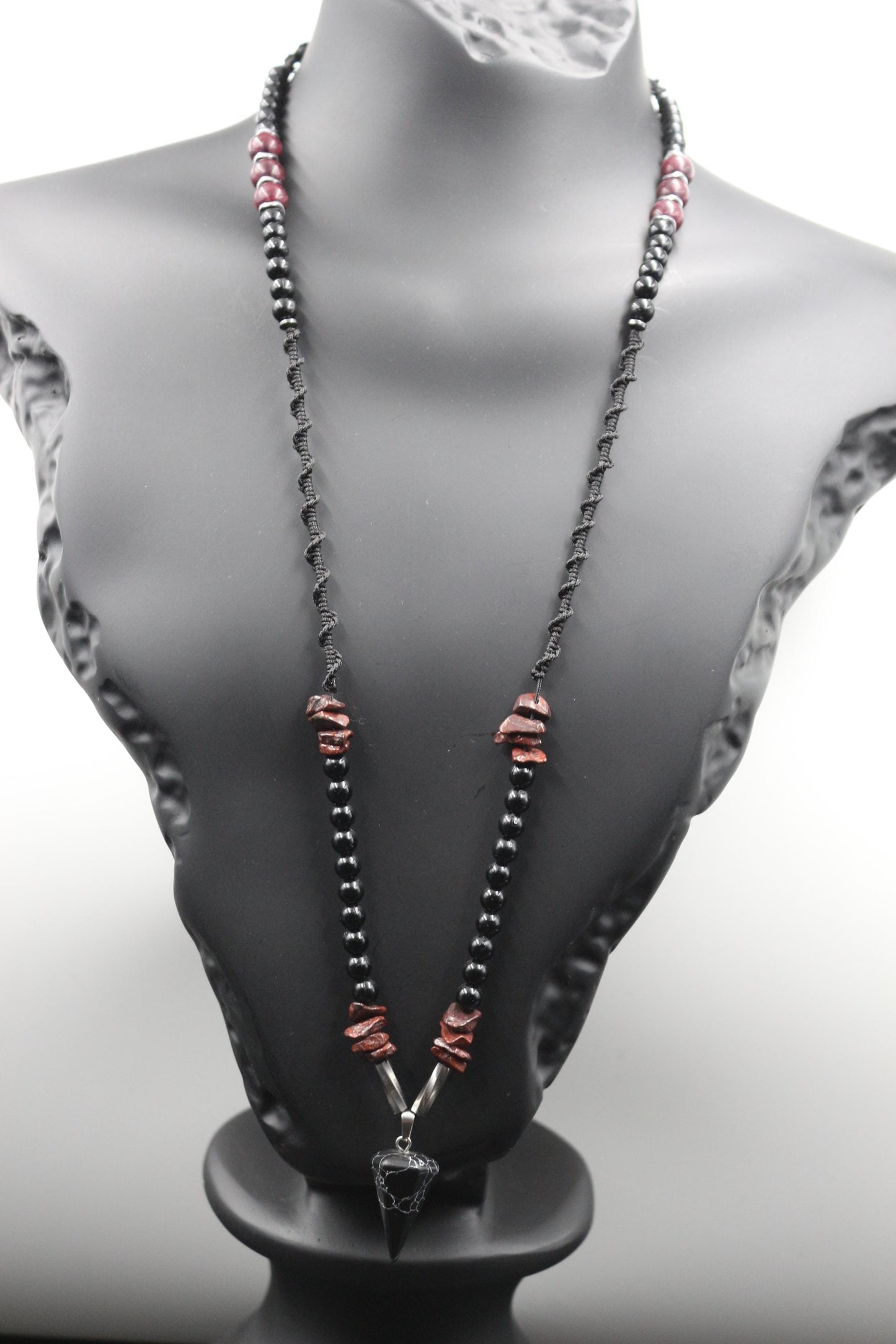 Handmade Obsidian and Red Garnet Necklace with Unique Design