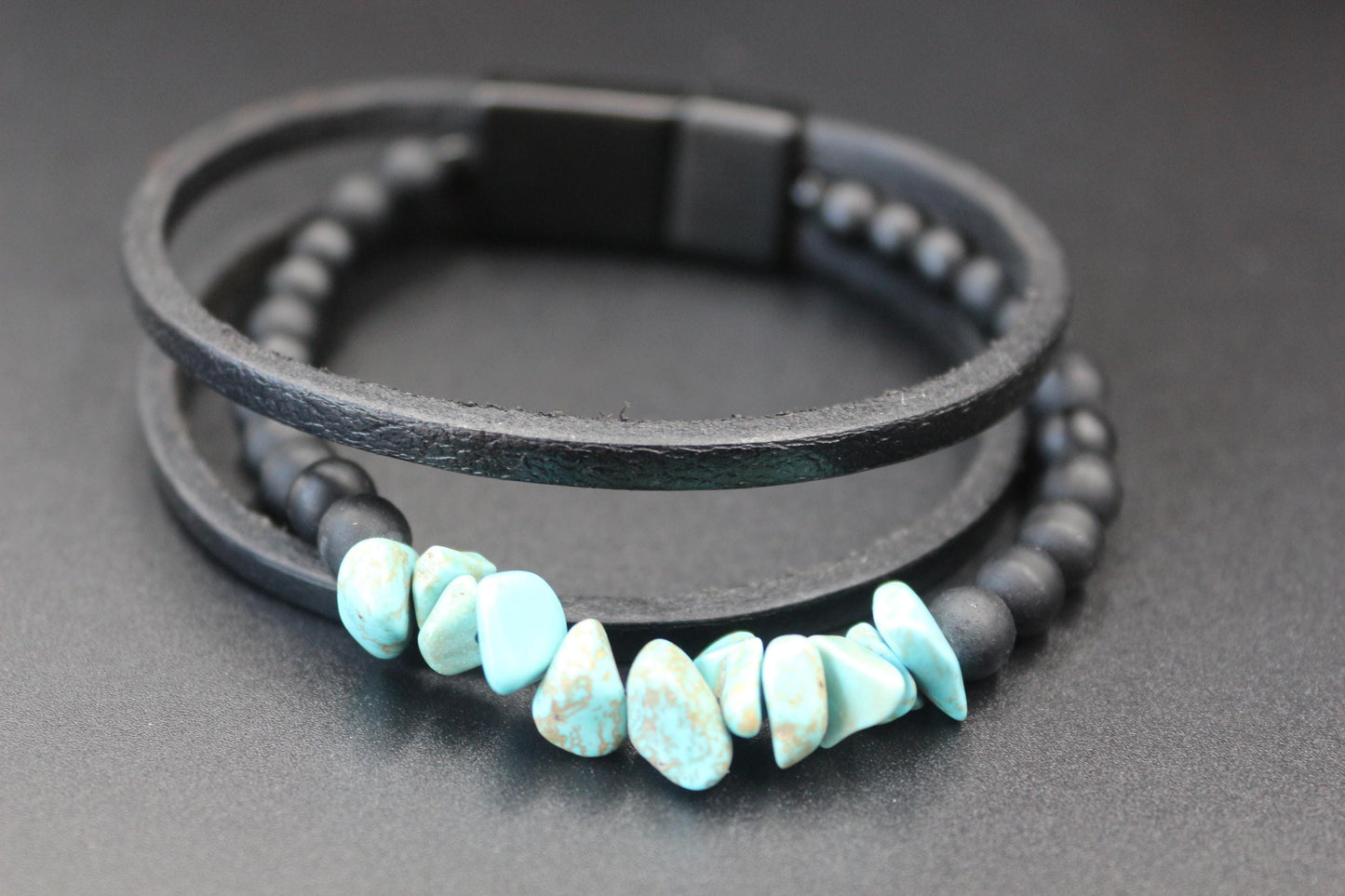Handmade Turquoise, Onyx, and Genuine Leather Bracelet