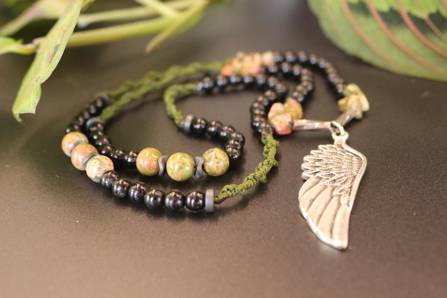 Unakite and Braided Cord Necklace - Handmade, Unique Design