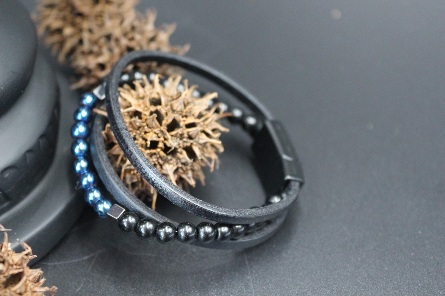 Bracelet - Genuine Leather, Blue Hematite, and Natural Stone