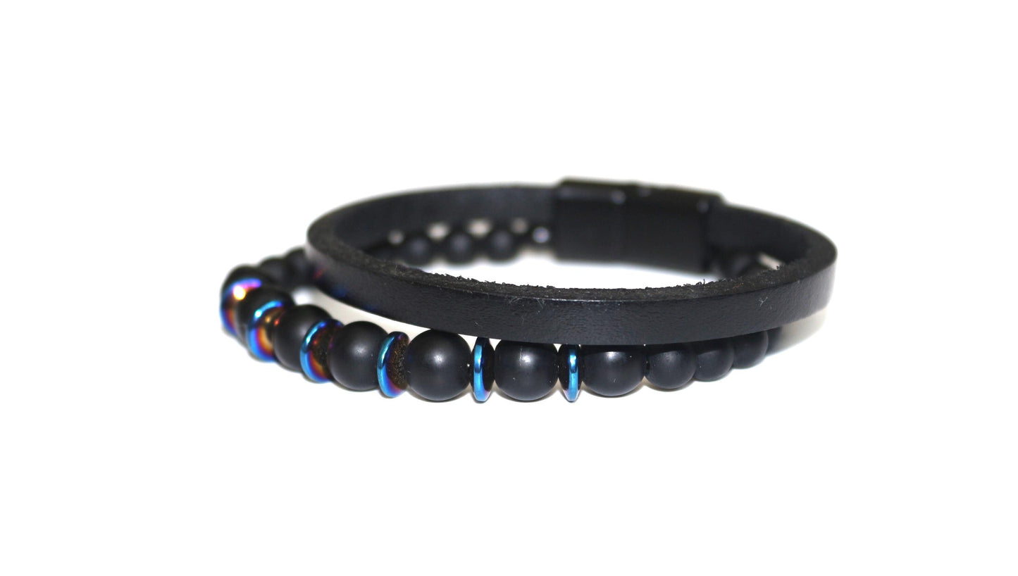 Bracelet - Handmade with Black Onyx, Blue Hematite, and Genuine Leather
