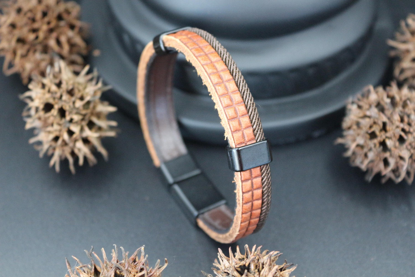 Water Buffalo Genuine Leather Bracelet, Beads, Wood and Coconut Shell