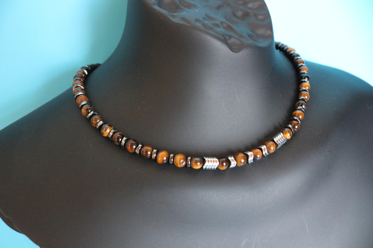 Tiger's Eye, Hematite, and Black Onyx Necklace, Unique Handmade Necklace