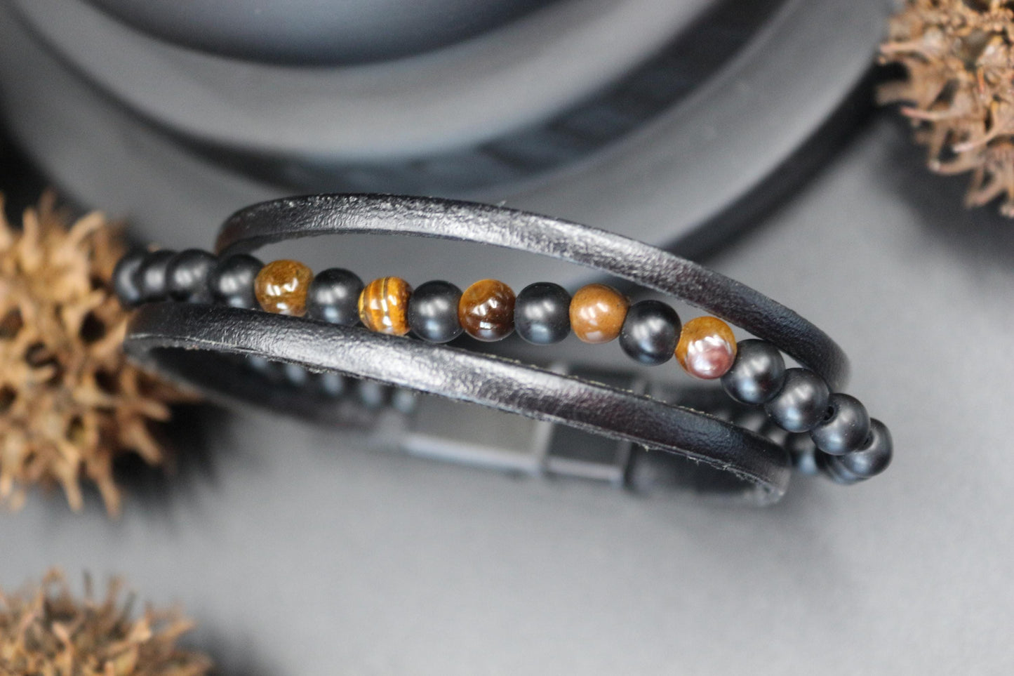 Bracelet - Handmade with Tiger's Eye, Onyx, and Genuine Leather