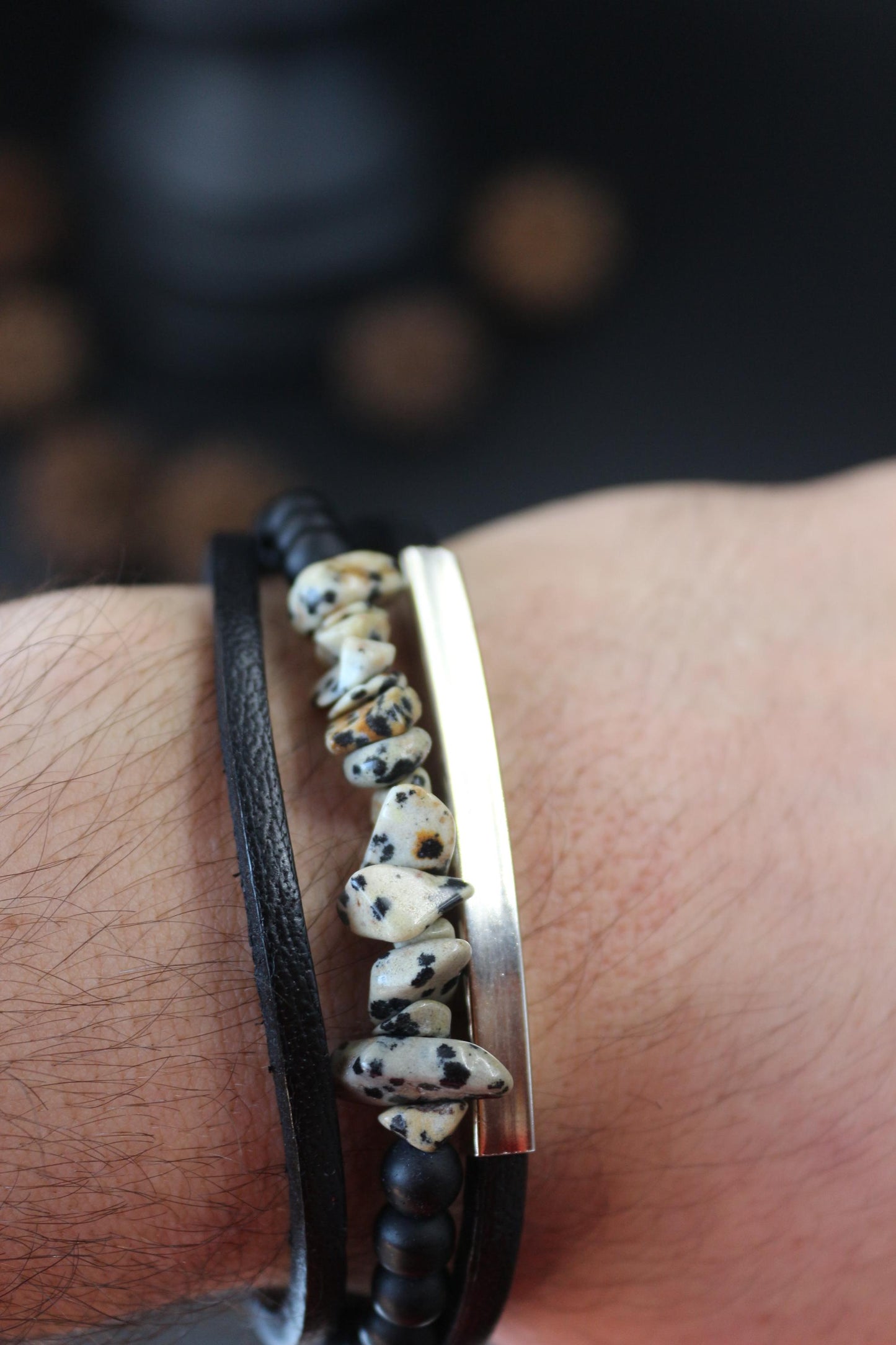 Handmade Bracelet with Dalmatian Jasper, Black Onyx, and Genuine Leather