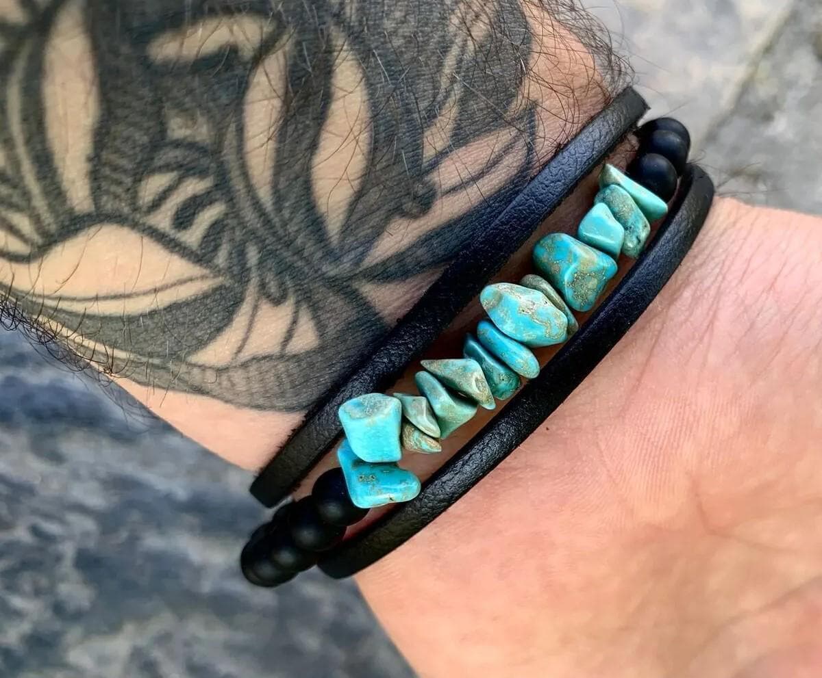 Handmade Turquoise, Onyx, and Genuine Leather Bracelet
