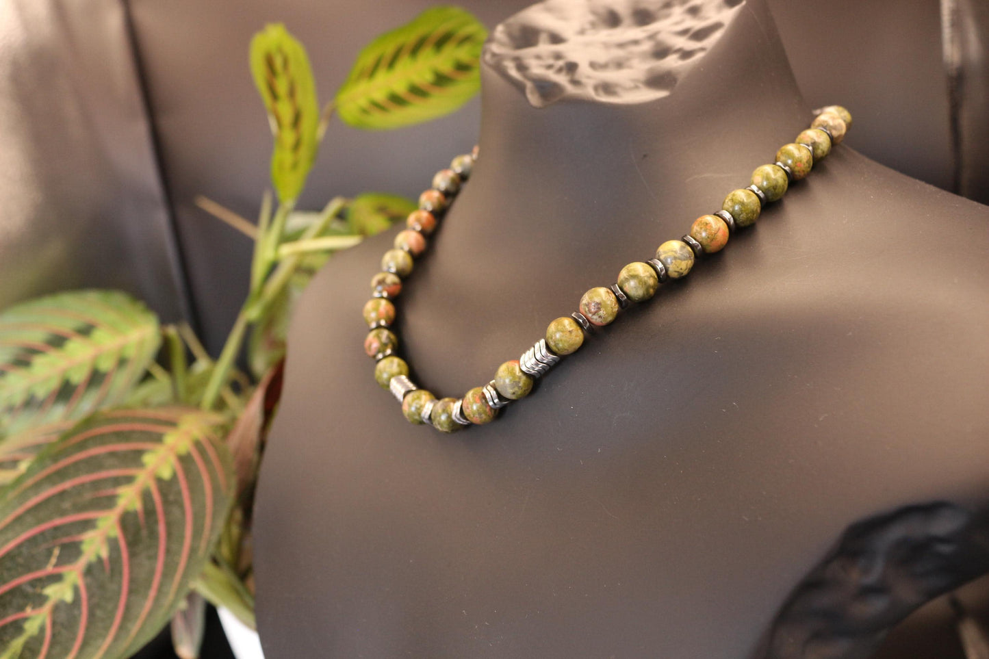 Unakite, Hematite, and Black Onyx Necklace, Unique Handmade Necklace