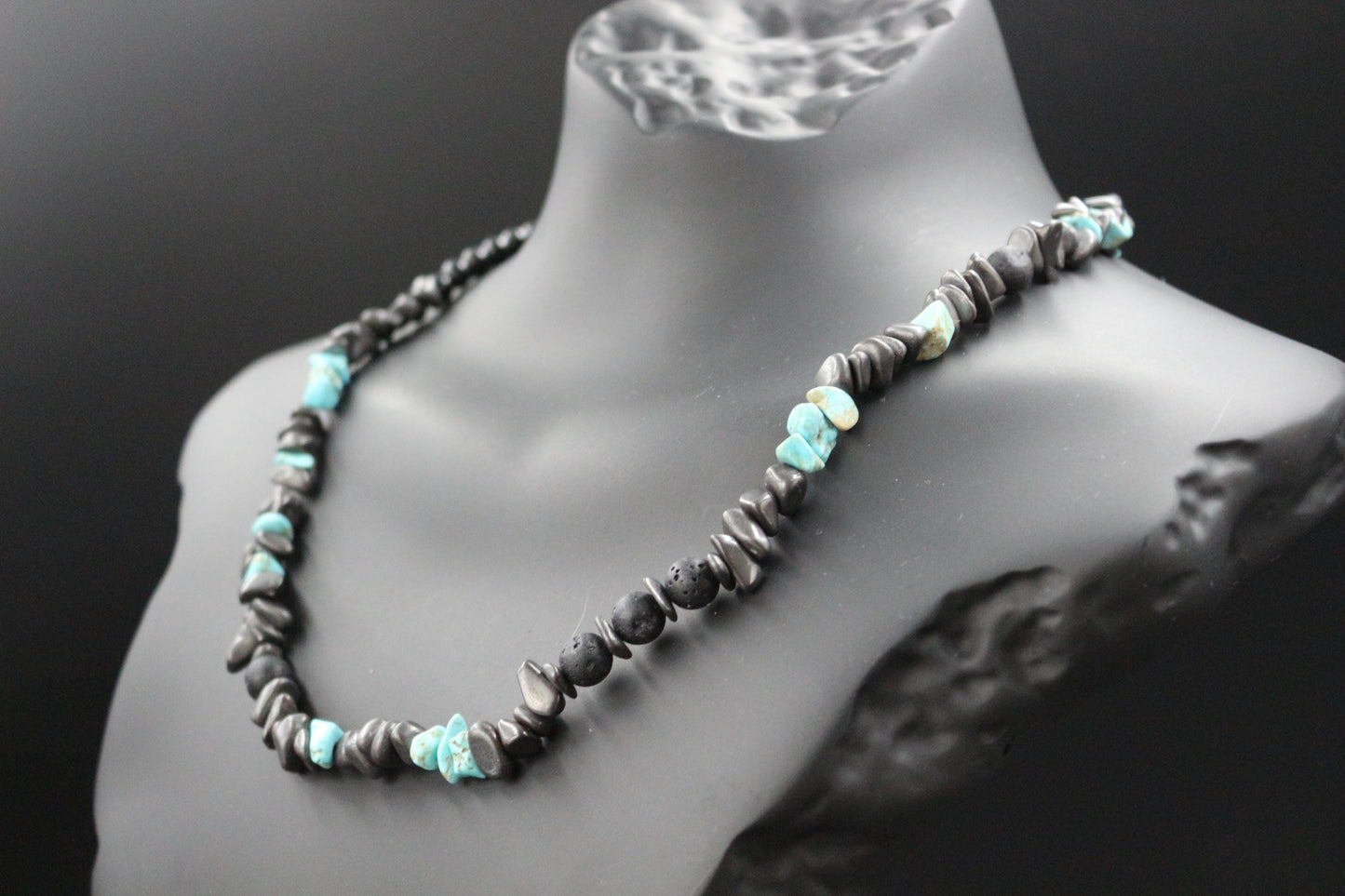 Handmade Lava Stone, Obsidian and Turquoise Necklace