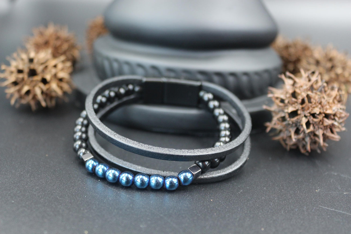 Bracelet - Genuine Leather, Blue Hematite, and Natural Stone