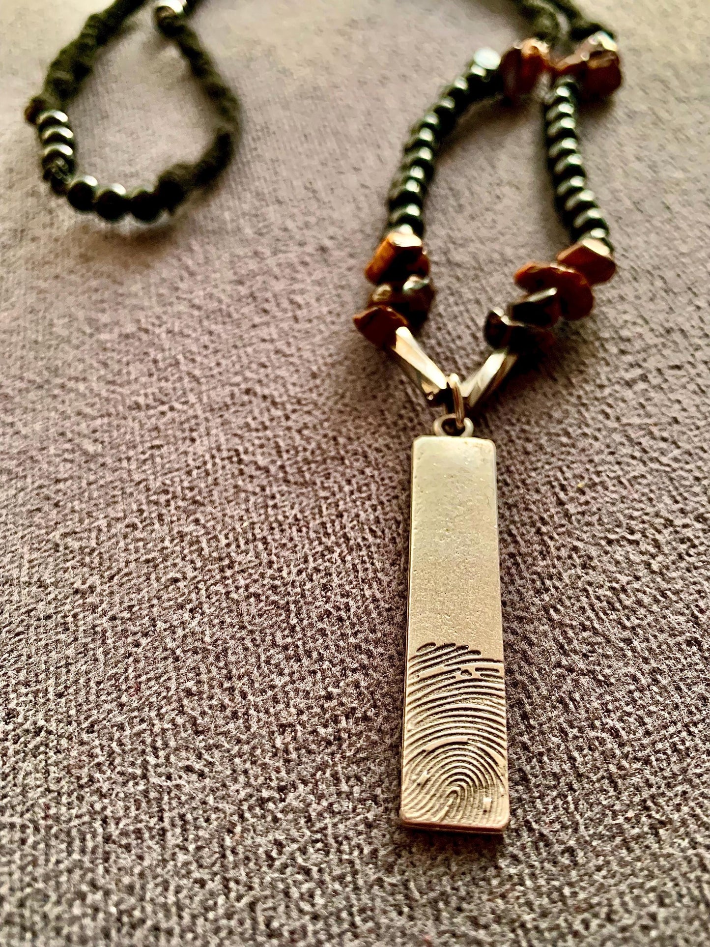 Handmade Tiger Eye Stone Necklace: Steel Fingerprint Pendant