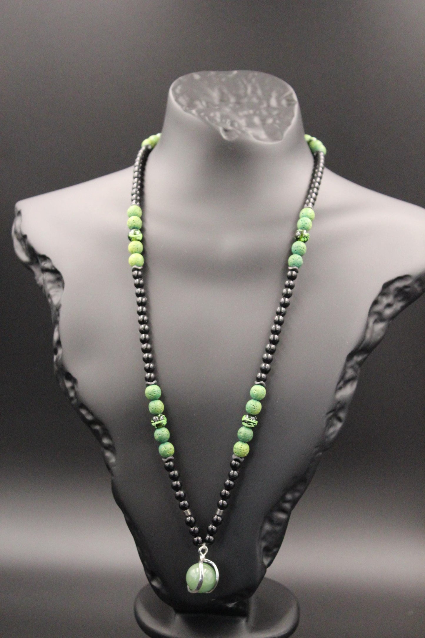 Handmade Unisex Necklace with Green Agate and Volcanic Stone