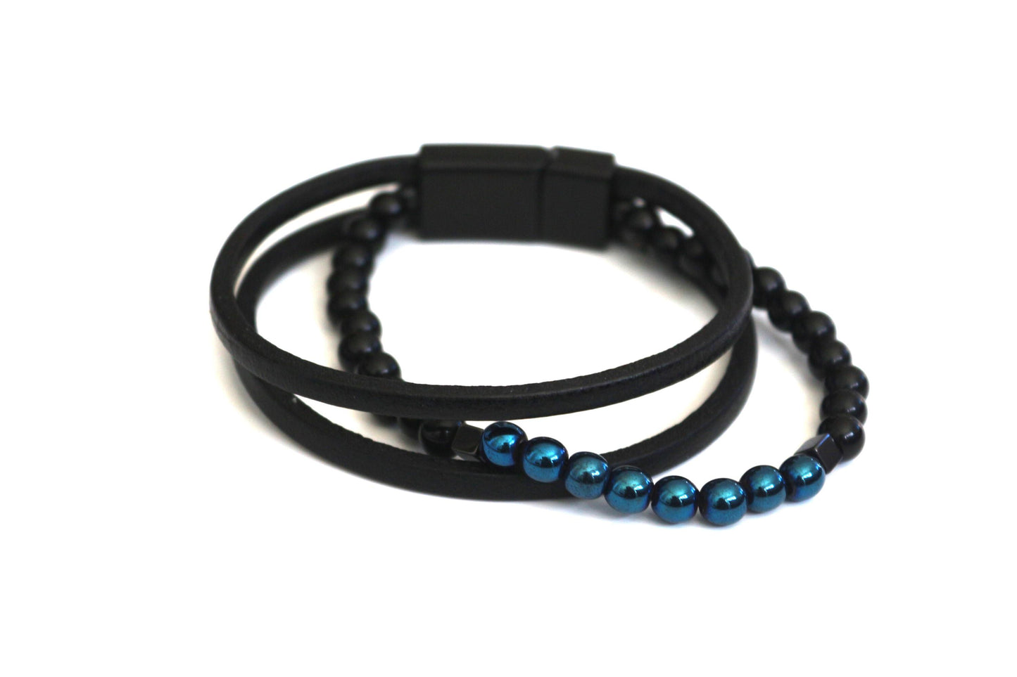 Bracelet - Genuine Leather, Blue Hematite, and Natural Stone