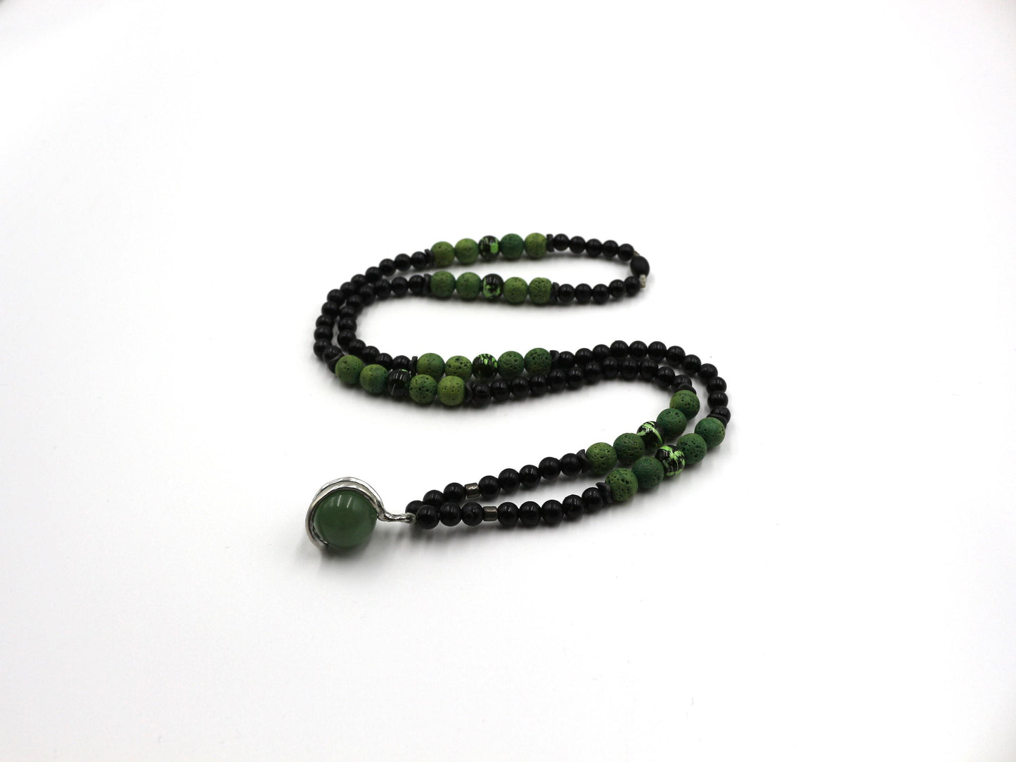 Handmade Unisex Necklace with Green Agate and Volcanic Stone