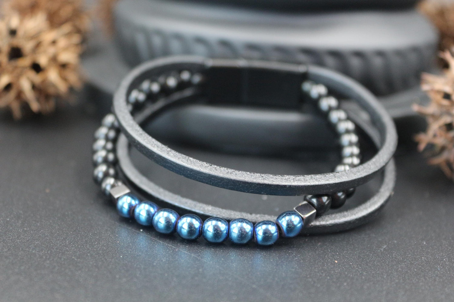 Bracelet - Genuine Leather, Blue Hematite, and Natural Stone