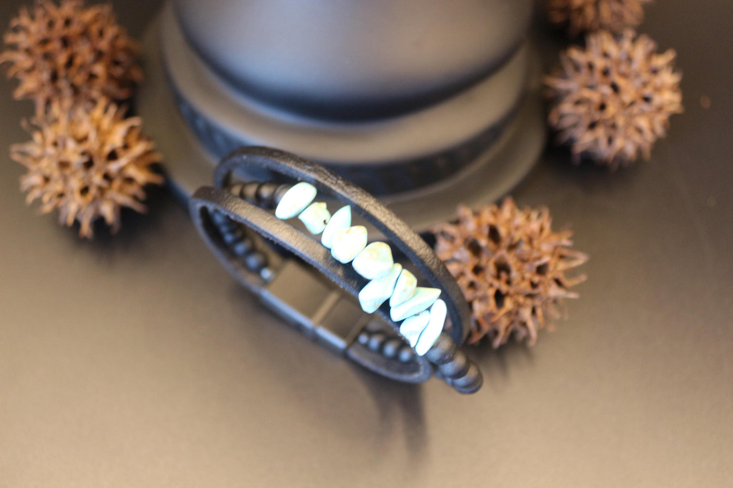 Handmade Turquoise, Onyx, and Genuine Leather Bracelet