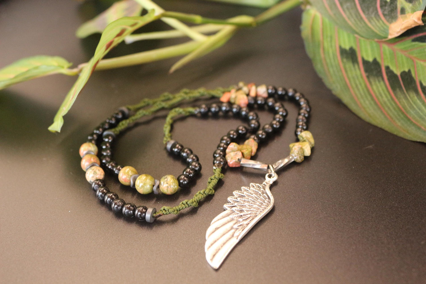 Unakite and Braided Cord Necklace - Handmade, Unique Design