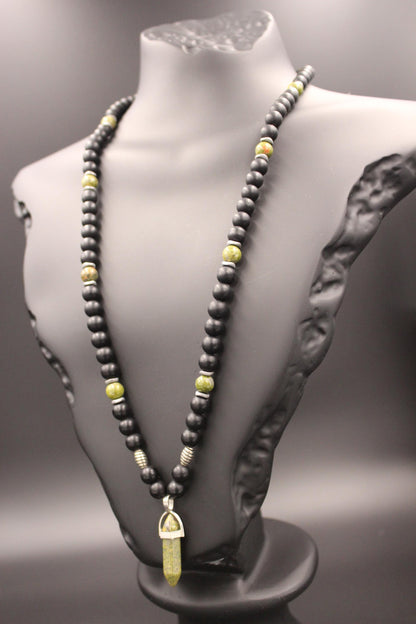 Necklace - Unakite, Black Onyx, and Hematite Handmade Natural Stone – Unique Design Green Gemstone Necklace
