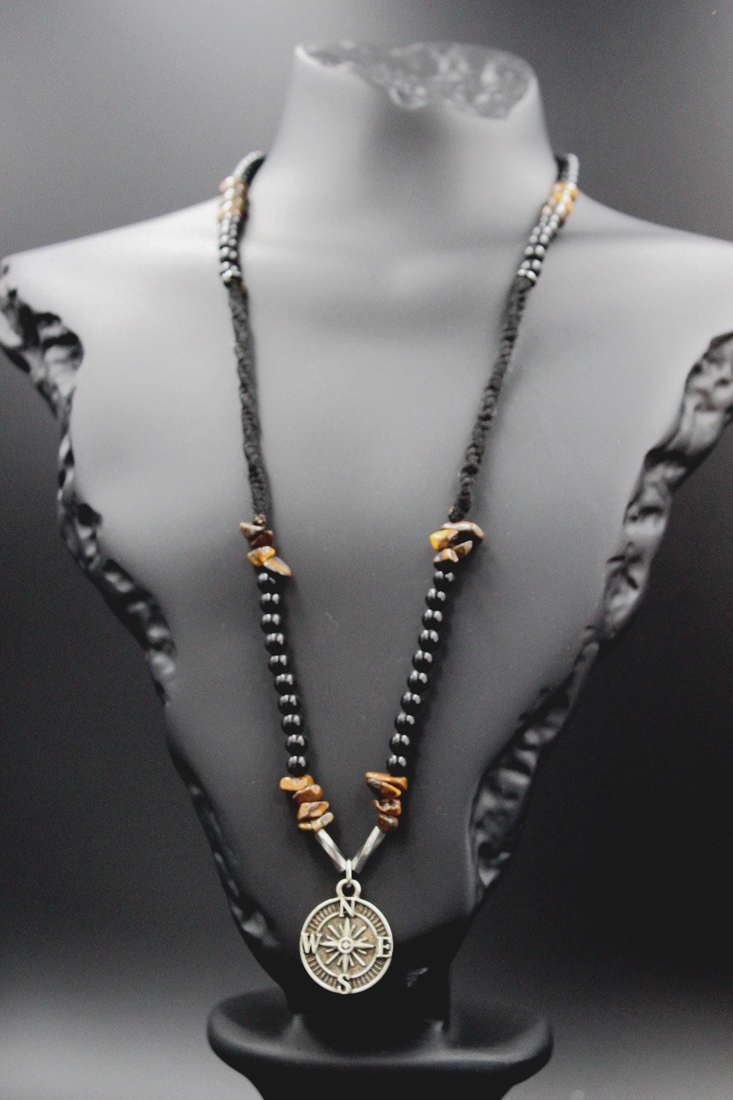 Handmade Men's Natural Stone Necklace – Tiger's Eye with Compass Pendant, Unique & Special Design