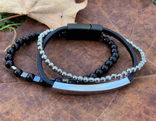 Handmade with Hematite, Black Onyx, Leather, and Metal