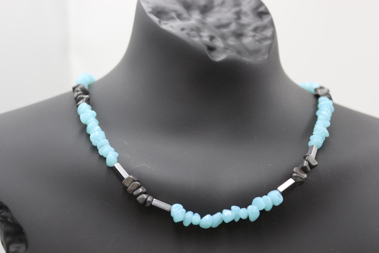 Necklace Handmade Aquamarine and Hematite Stone – Elegant Natural Stone Design. Unisex.