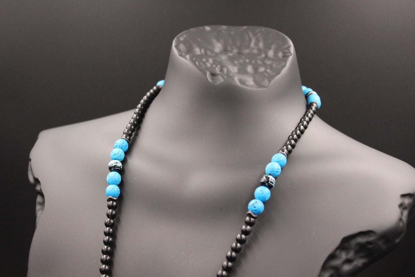 Handmade Blue Agate Mushroom Necklace: Volcanic Stone Beaded Pendant