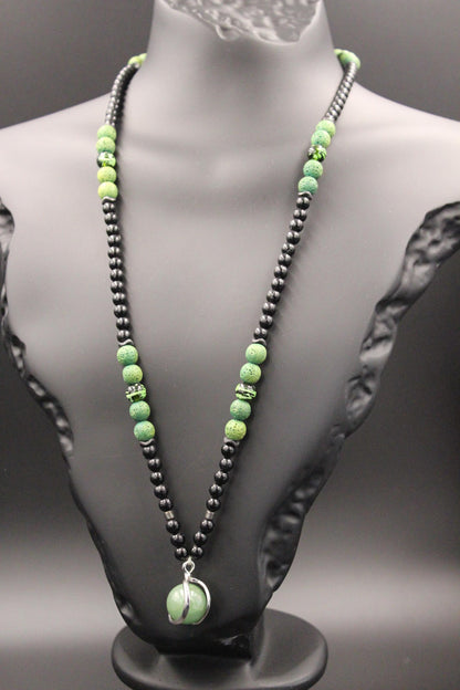 Handmade Unisex Necklace with Green Agate and Volcanic Stone