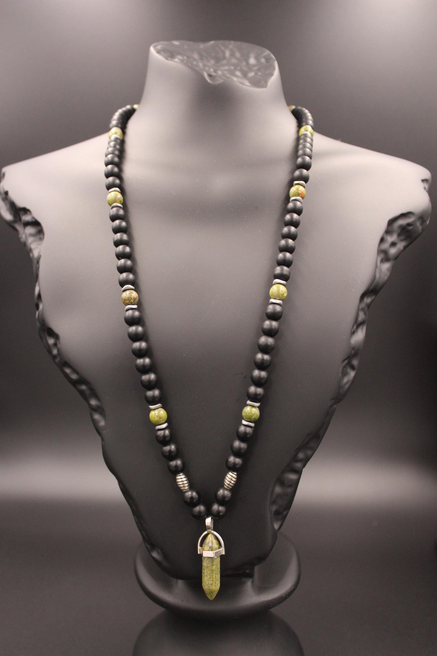 Necklace - Unakite, Black Onyx, and Hematite Handmade Natural Stone – Unique Design Green Gemstone Necklace