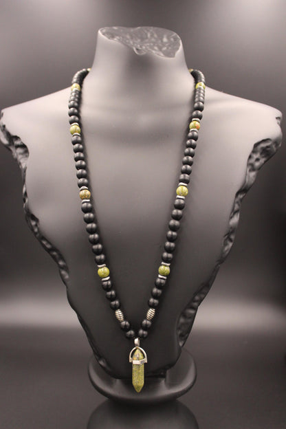 Necklace - Unakite, Black Onyx, and Hematite Handmade Natural Stone – Unique Design Green Gemstone Necklace