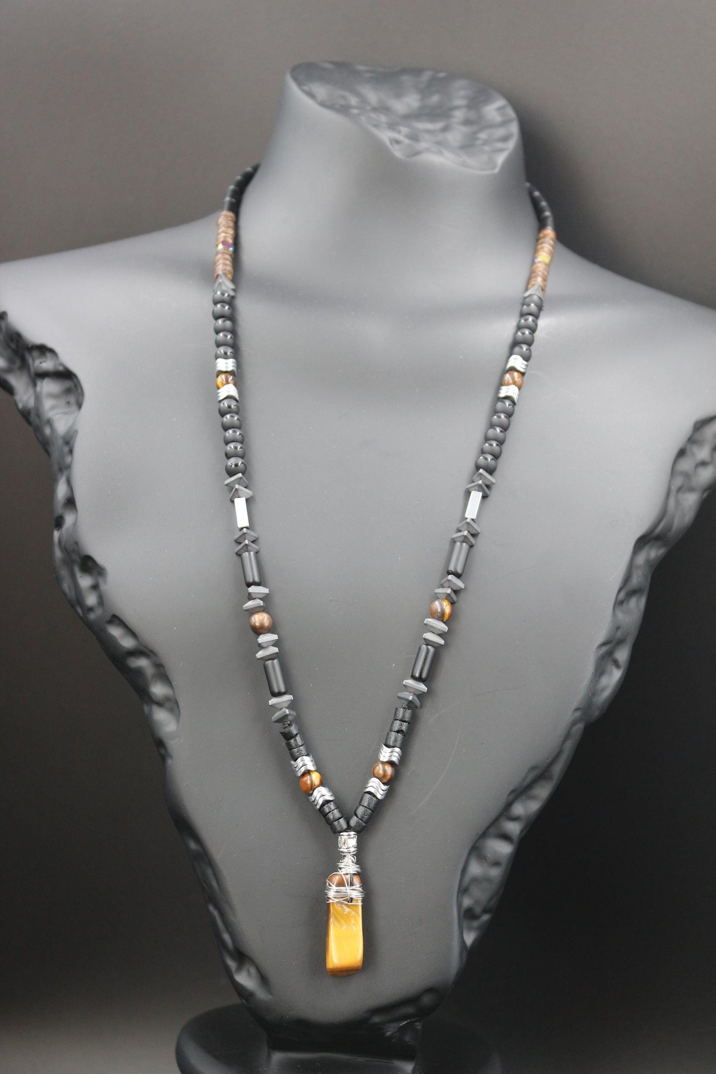 Tiger's Eye, Coconut, Hematite, Black Onyx Necklace - Handmade, Unique Design