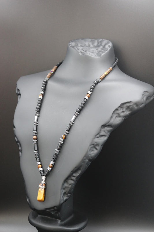 Tiger's Eye, Coconut, Hematite, Black Onyx Necklace - Handmade, Unique Design