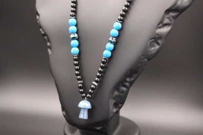 Handmade Blue Agate Mushroom Necklace: Volcanic Stone Beaded Pendant
