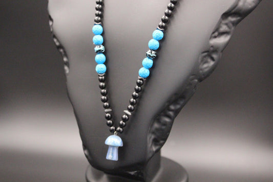 Handmade Blue Agate Mushroom Necklace: Volcanic Stone Beaded Pendant