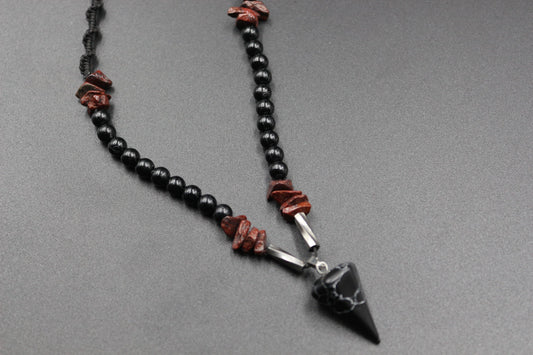 Handmade Obsidian and Red Garnet Necklace with Unique Design
