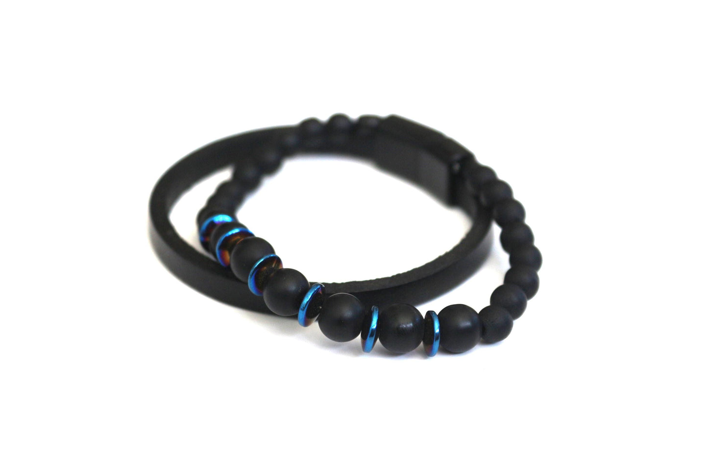 Bracelet - Handmade with Black Onyx, Blue Hematite, and Genuine Leather