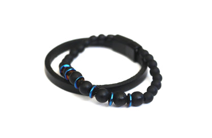 Bracelet - Handmade with Black Onyx, Blue Hematite, and Genuine Leather