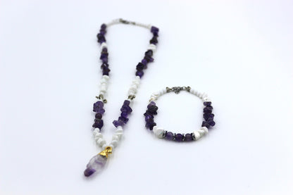 Luxury Women's Necklace | Natural Amethyst & White Agate | Handmade Elegant Jewelry