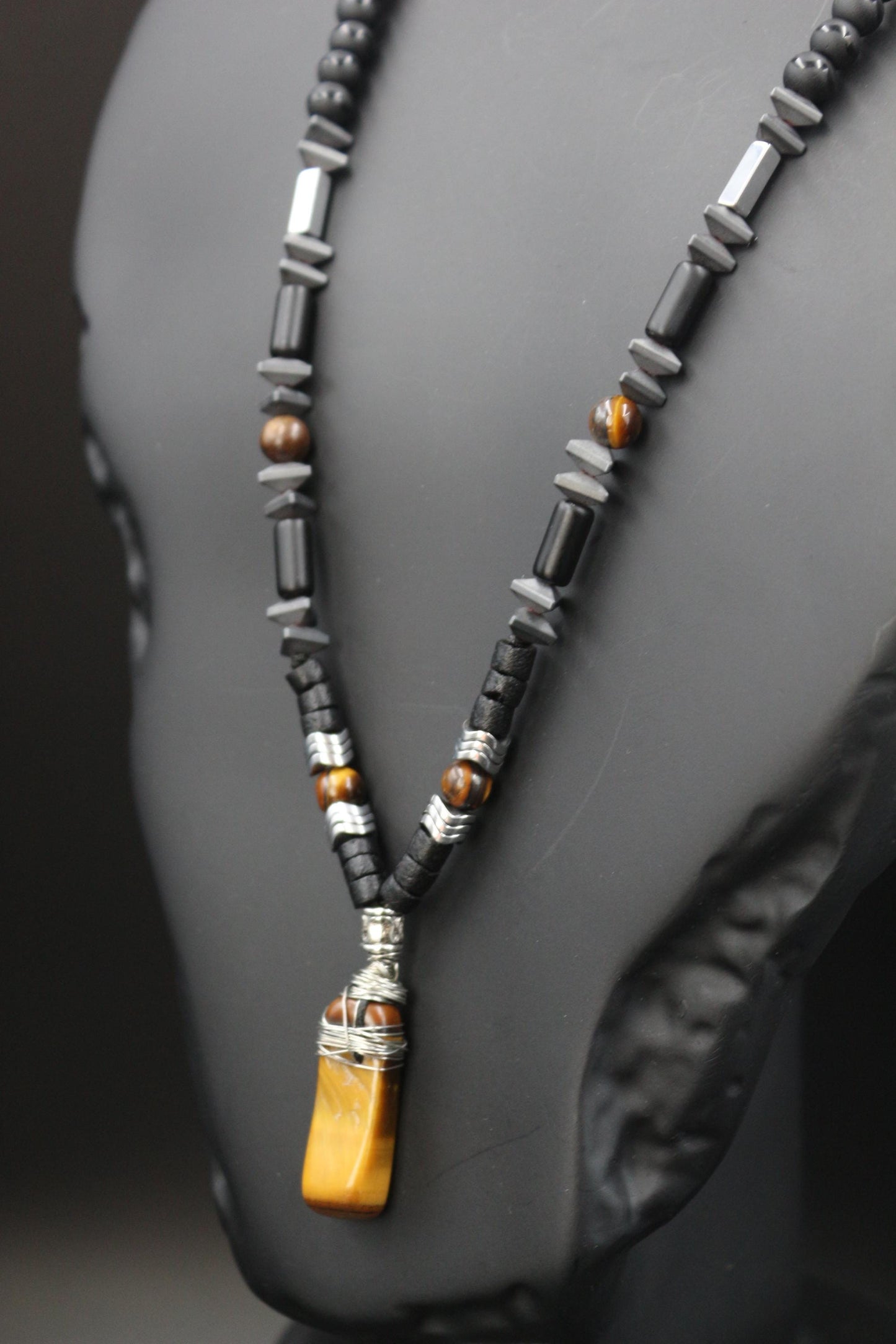 Tiger's Eye, Coconut, Hematite, Black Onyx Necklace - Handmade, Unique Design