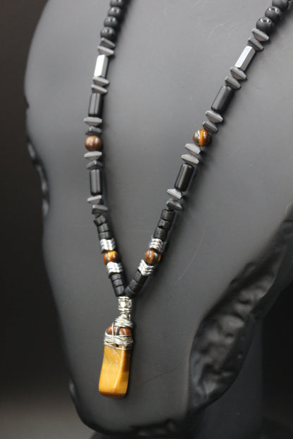 Tiger's Eye, Coconut, Hematite, Black Onyx Necklace - Handmade, Unique Design