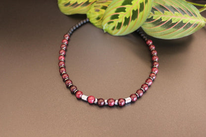 Red Jasper, Hematite, and Black Onyx Necklace, Unique Handmade Necklace