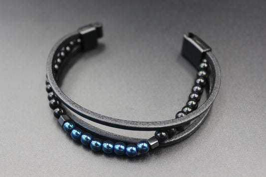 Bracelet - Genuine Leather, Blue Hematite, and Natural Stone