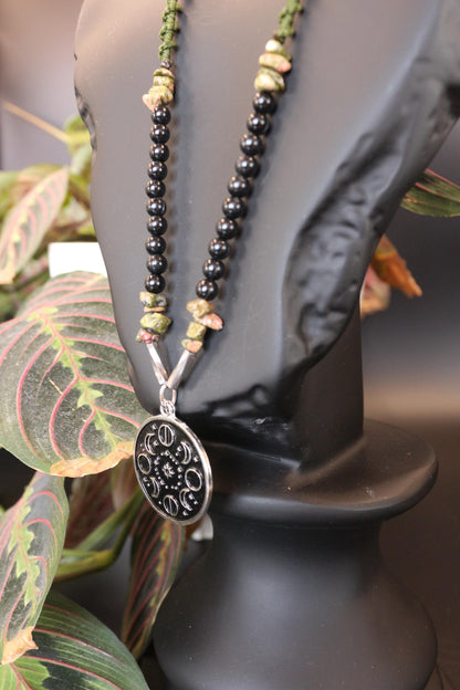Necklace made of natural stone - unakite - with a moon phases pendant