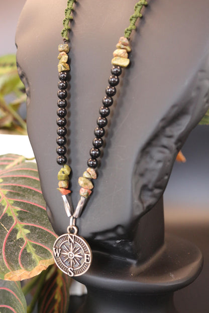 Handmade Unakite Hematite Necklace: Braided Cord Compass Pendant
