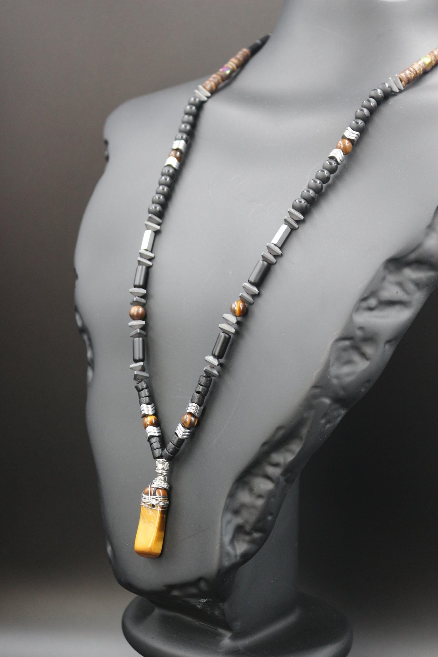 Tiger's Eye, Coconut, Hematite, Black Onyx Necklace - Handmade, Unique Design