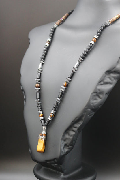 Tiger's Eye, Coconut, Hematite, Black Onyx Necklace - Handmade, Unique Design